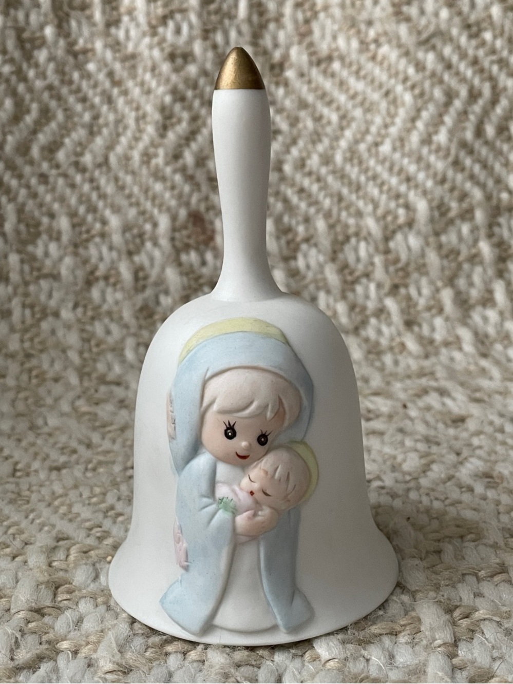 Precious Moments White and Blue Madonna and Child Porcelain Bell with Gold Tip